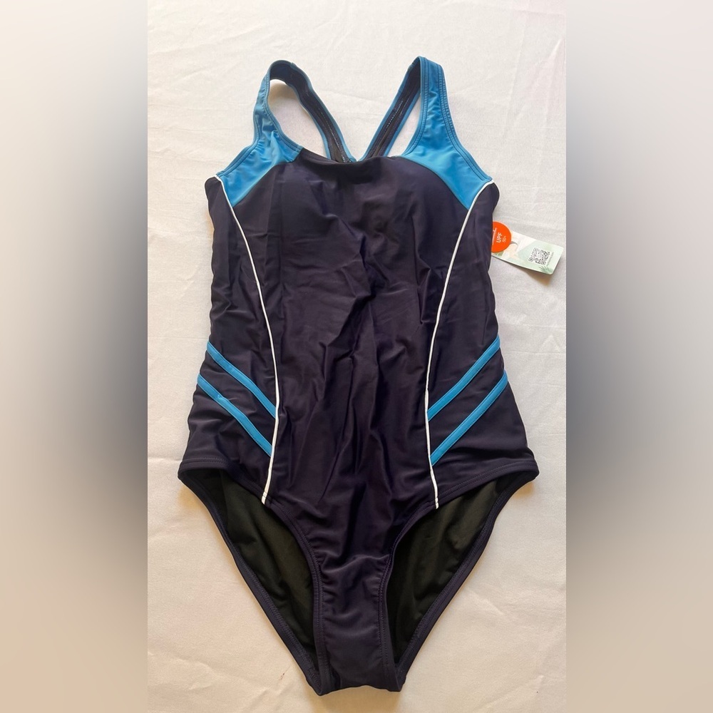 NWT Classic One-Piece Swimsuit in Navy Aqua Accents Medium Resort Cruise Vacay